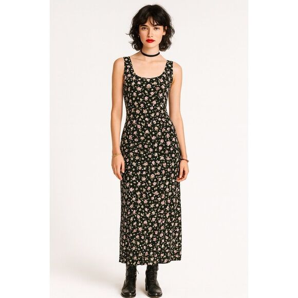 Vintage Dresses & Skirts - Vintage 90s Y2K Floral Dress  Black Pink Floral Grunge Cottage Fairy Midi